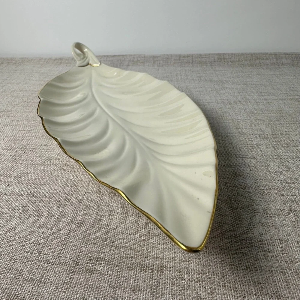 Vintage Lenox Ivory Porcelain Leaf Serving Tray Gold Trim Made in USA